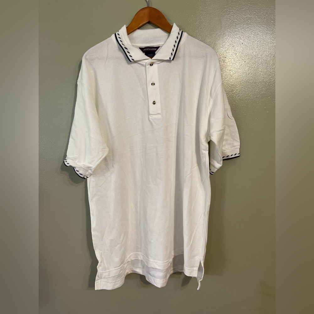 Fruit of the Loom Men’s 100% Cotton VTG White Polo Shirt with Navy Accents XL